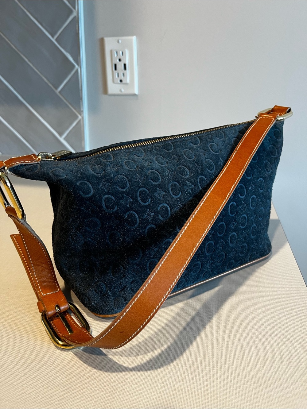 Vintage Celine C Macadam Navy Suede Shoulder Bag with Tan Leather Strap